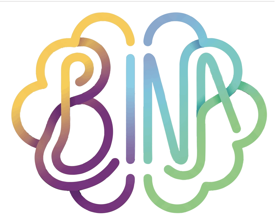 לוגו BINA, מוח בקווי צבע היוצרים את האותיות B I N A
